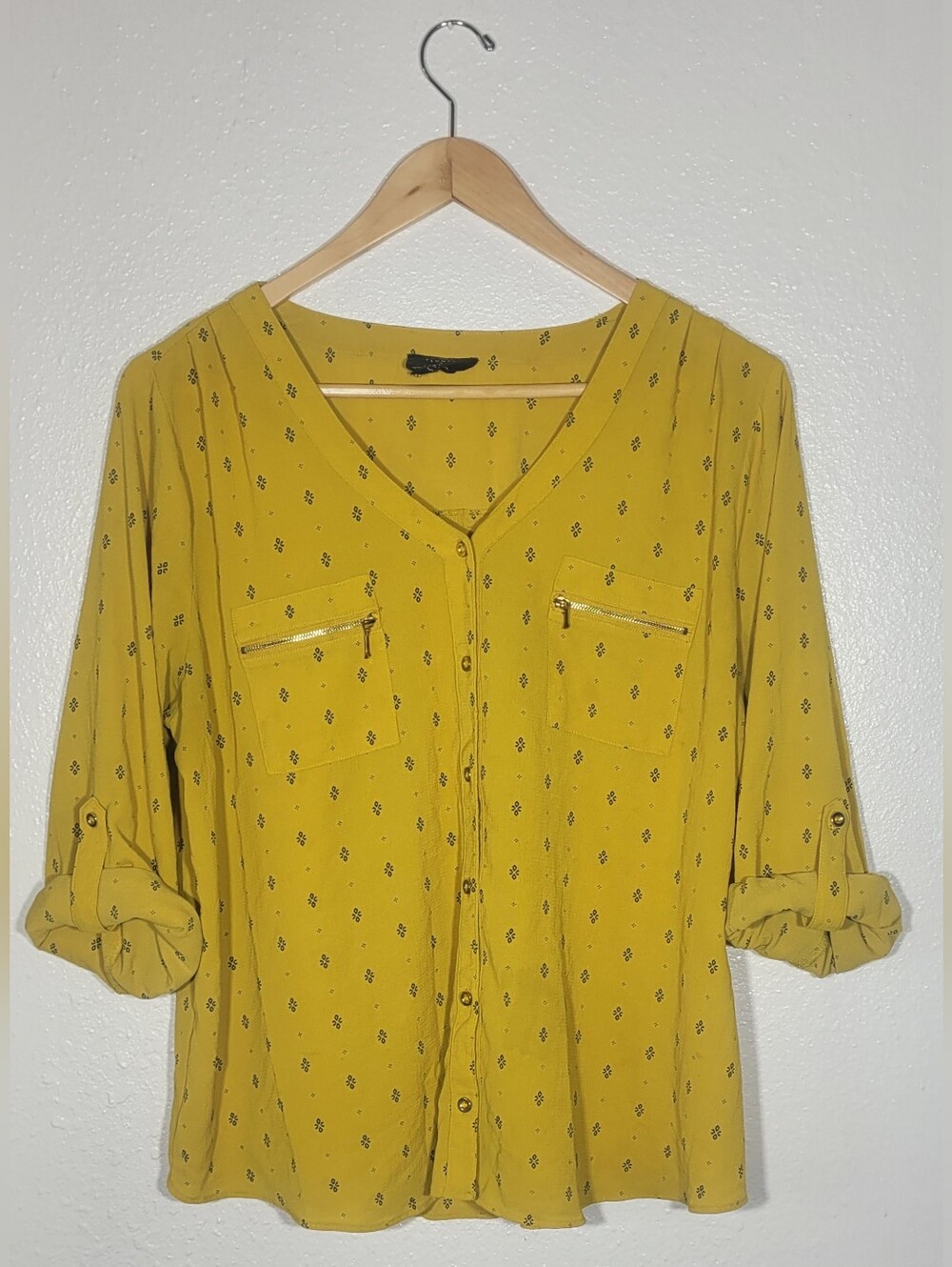 Flower & Feather Tunic Mustard Yellow Gold Button Blouse 2XL Roll Tab Top Ditsy